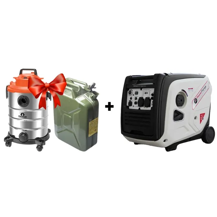 גנרטור מושתק אינוורטר מנוע בנזין משולב גז חד פאזי 4000W מבית PowerForge + שואב אבק 20 ליטר תעשייתי יבש רטוב + גריקן 20 ליטר מתכת + פייה לגריקן+ שמן לגנרטור